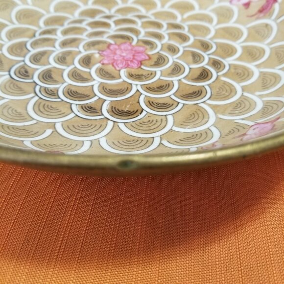 Vintage Japanese Brass Encased Porcelain Koi Bowl with Lotus Design & Koi - Picture 7 of 7